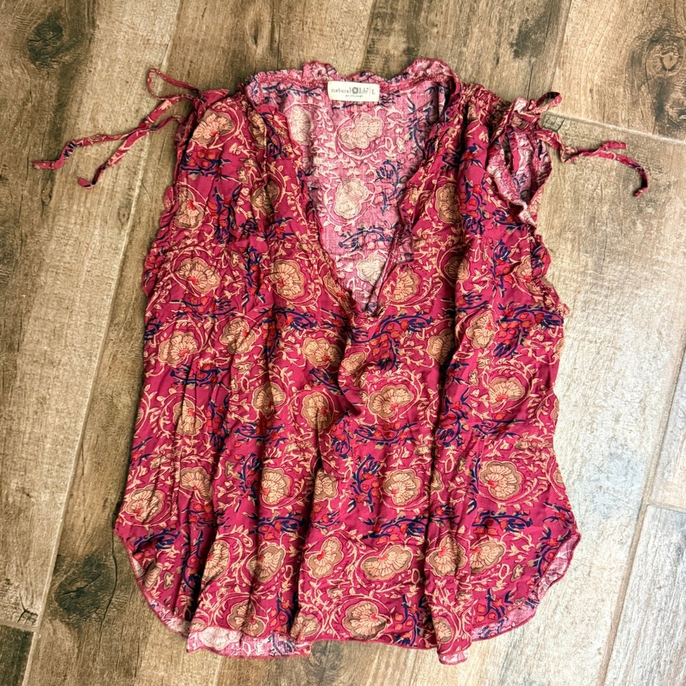 Natural Life Womens Floral Boho Floral Sleeveless Tie Shoulder Top, Pink, L